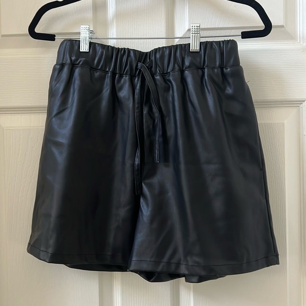 Topshop black leather high waisted shorts